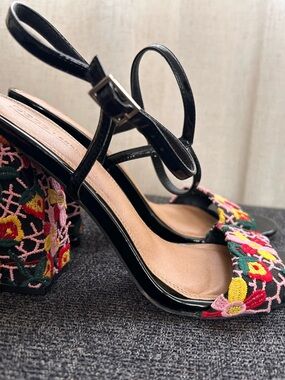 ASOS Black Strappy Block Heels with Multicolor Floral Embroidery